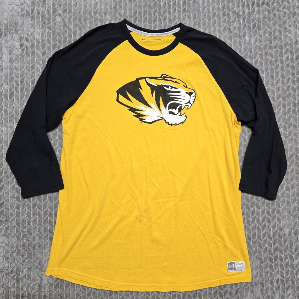 Missouri Tigers Mizzou Under Armour Raglan Shirt Men's XL Loose Yellow Black Tee